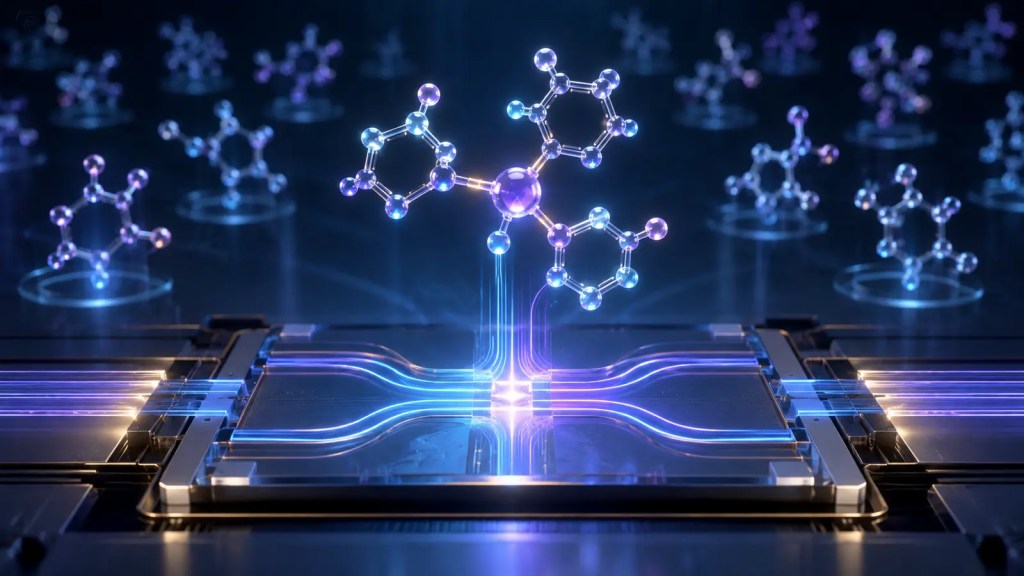 Ilustración editorial de una molécula luminosa seleccionada por IA sobre un chip fotónico cuántico