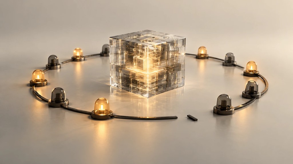 Ilustración conceptual de un cubo informático rodeado por un anillo de luces de supervisión parcialmente apagadas