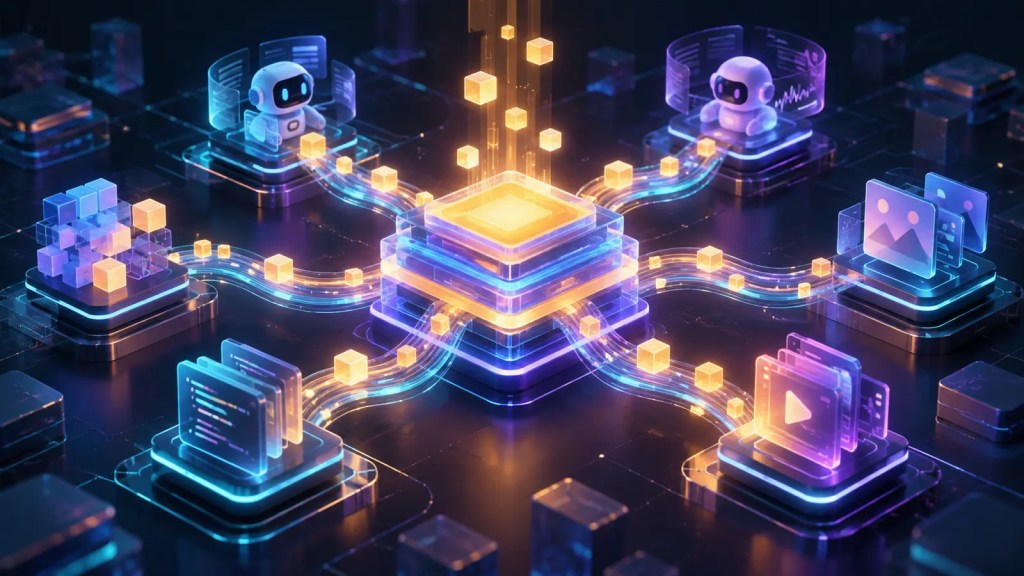 Ilustración editorial de créditos computacionales conectados con aplicaciones y agentes de inteligencia artificial