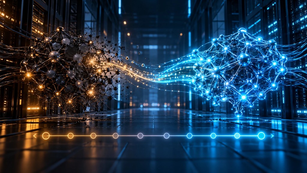 Dos redes de inteligencia artificial conectadas durante una migración entre sistemas en un centro de datos