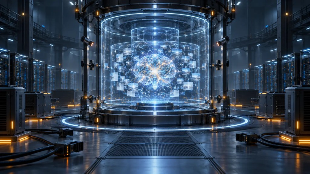 Ilustración conceptual de un núcleo de inteligencia artificial dentro de una cámara de contención aislada en un centro de datos
