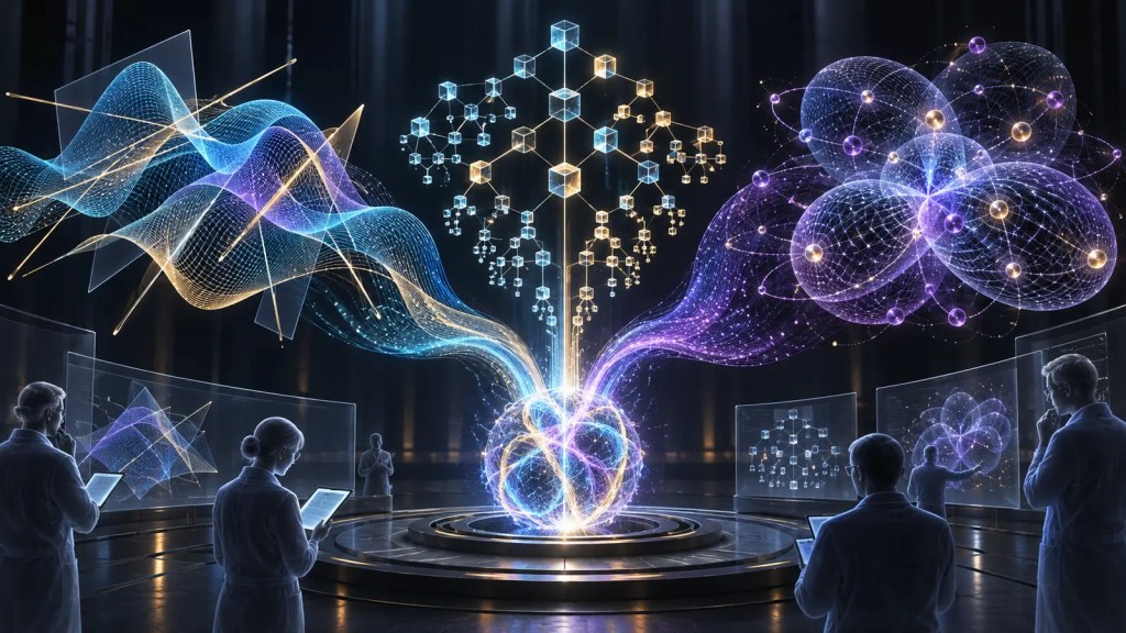 Ilustración conceptual de una inteligencia artificial generando resultados en matemáticas, complejidad computacional y física mientras varios investigadores los revisan