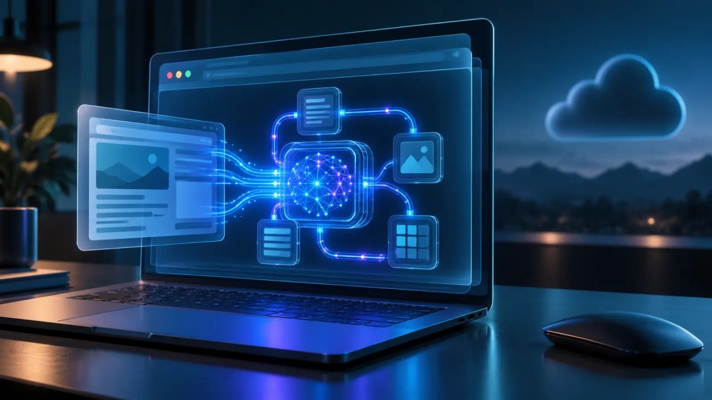Ilustración editorial de un navegador ejecutando inteligencia artificial dentro de un portátil sin enviar los datos a la nube