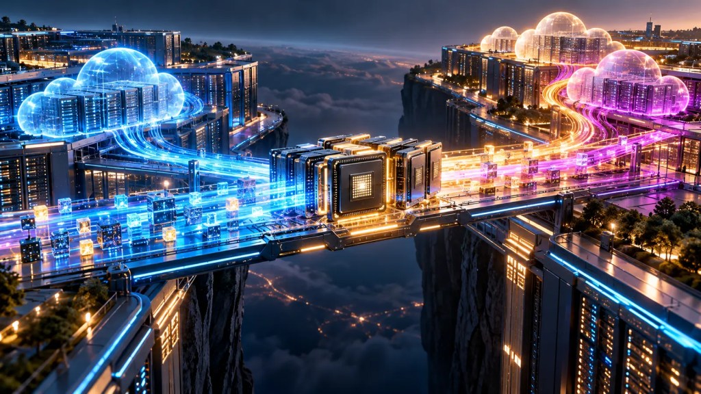 Ilustración conceptual de aceleradores de IA conectando dos infraestructuras de nube mediante un puente de datos