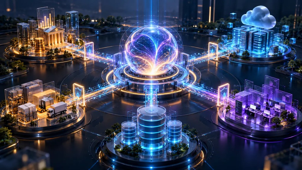 Ilustración editorial de una inteligencia artificial conectando datos, aplicaciones y flujos empresariales seguros