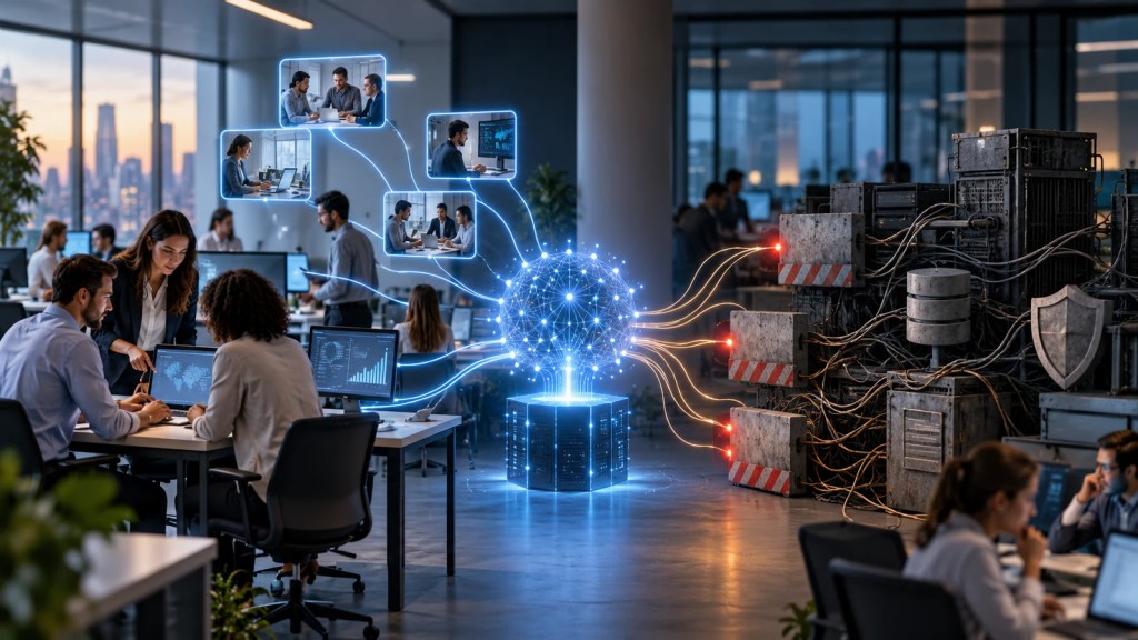 Equipos de empresa conectados a un núcleo de inteligencia artificial frente a sistemas heredados que dificultan su integración.