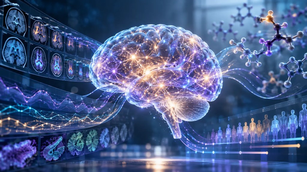 Ilustración editorial de un cerebro luminoso conectado a datos clínicos y estructuras moleculares para representar la investigación del Alzheimer con inteligencia artificial