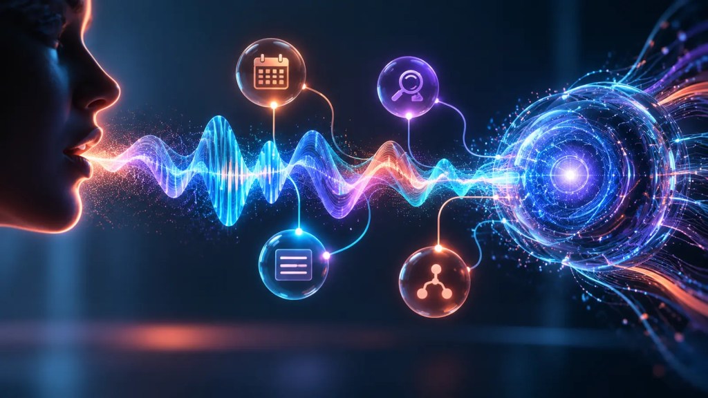 Ilustración editorial de una onda de voz que activa herramientas digitales mientras llega a un núcleo de inteligencia artificial