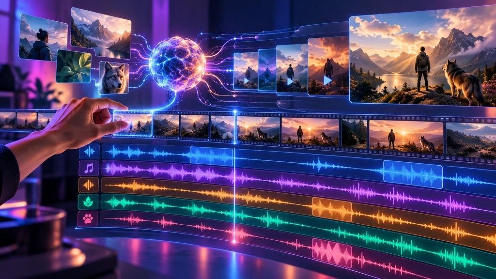 Ilustración editorial de una línea temporal de vídeo generada por inteligencia artificial con cinco ondas de audio separadas