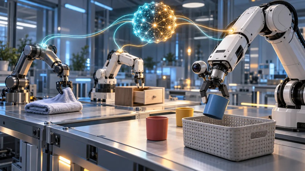 Ilustración conceptual de tres brazos robóticos conectados a un modelo de inteligencia artificial mientras uno coloca un vaso en una cesta