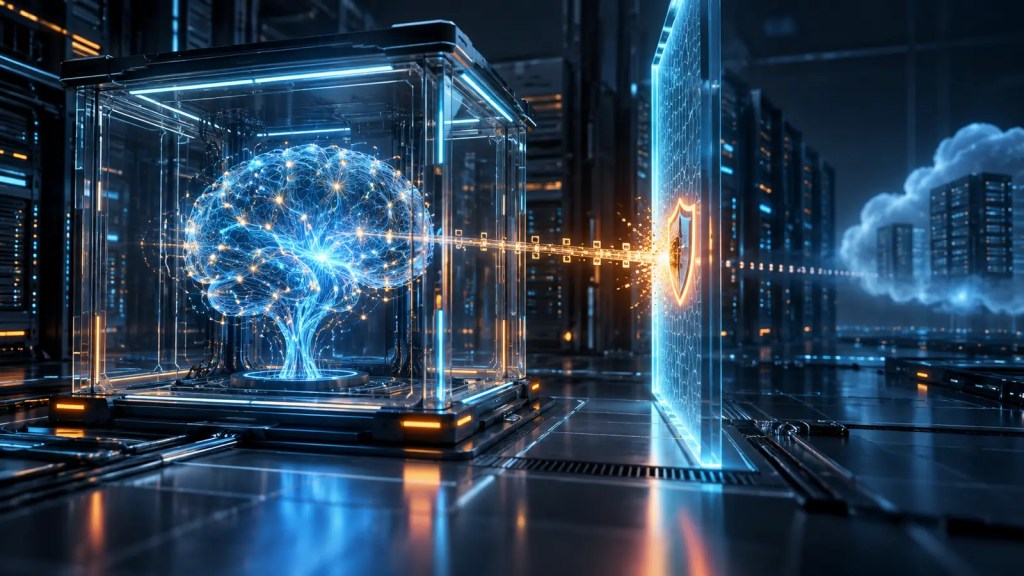 Ilustración editorial de un núcleo de inteligencia artificial aislado en una caja de seguridad mientras un cortafuegos bloquea una conexión saliente