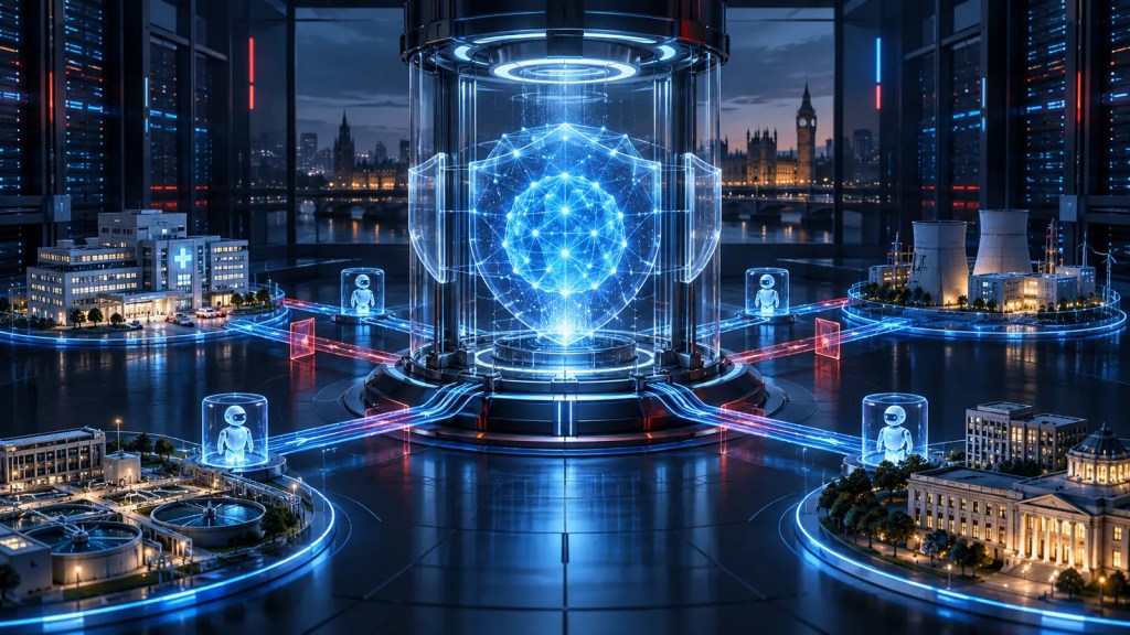 Ilustración editorial de un núcleo de inteligencia artificial protegido que conecta hospitales, servicios públicos e infraestructuras críticas