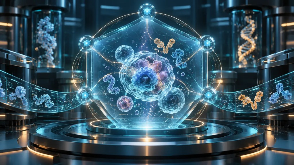 Ilustración conceptual de una red de inteligencia artificial que analiza estructuras biológicas dentro de un laboratorio seguro