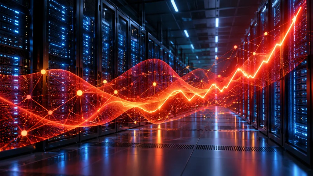 Ilustración conceptual de una señal de riesgo ascendente entre servidores de un centro de datos