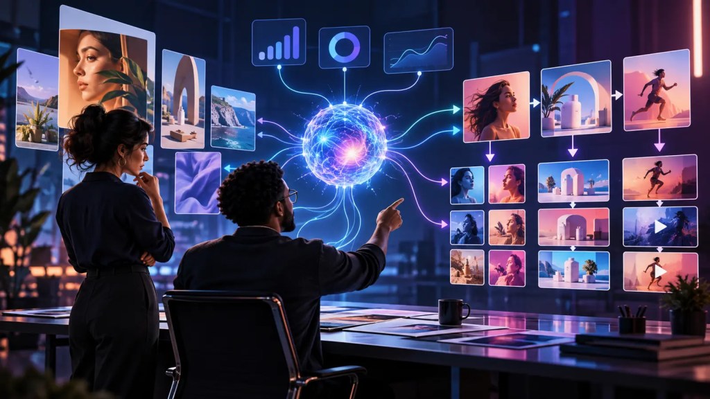 Ilustración editorial de dos profesionales supervisando variantes publicitarias creadas por inteligencia artificial a partir de datos de rendimiento