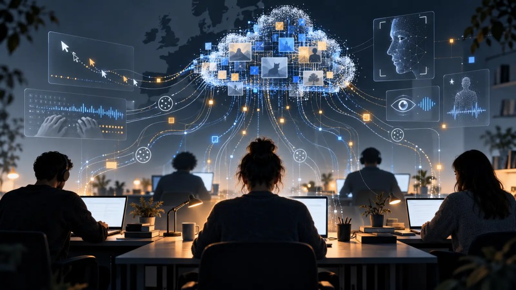 Ilustración editorial de trabajadores ante ordenadores conectados a una nube de IA rodeada de señales de seguimiento digital y verificación biométrica.