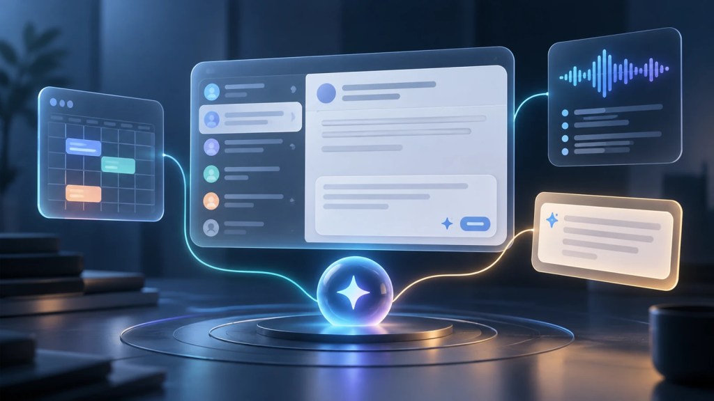 Ilustración editorial de una bandeja de correo con inteligencia artificial, calendario y notas de reuniones conectadas