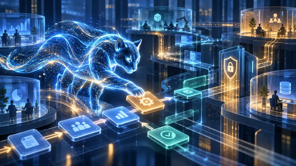 Ilustración editorial de un agente de inteligencia artificial felino conectando flujos empresariales protegidos por controles de seguridad