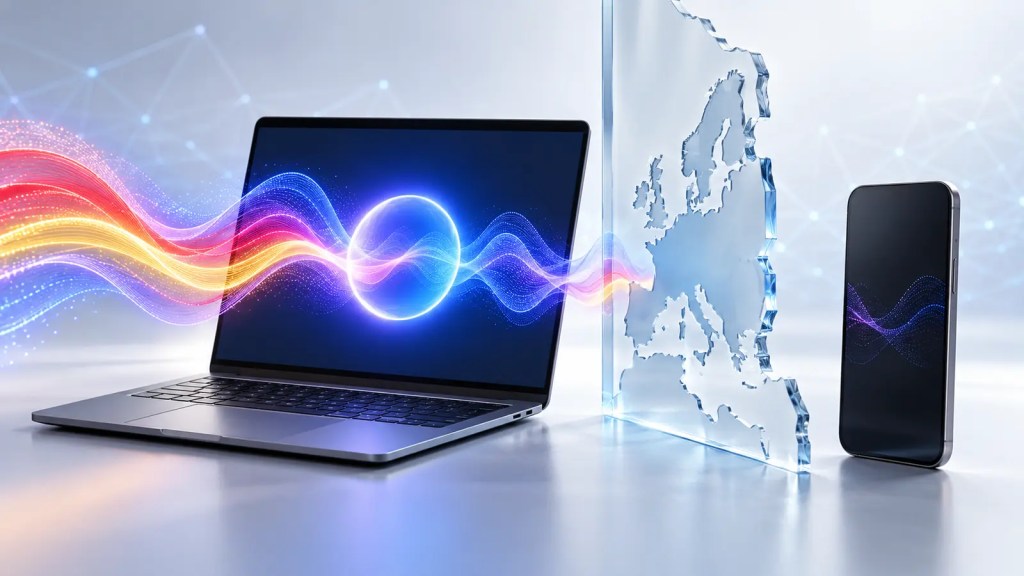 Ilustración conceptual de ondas de voz en español que llegan a un portátil mientras una barrera con la silueta de Europa separa un teléfono móvil