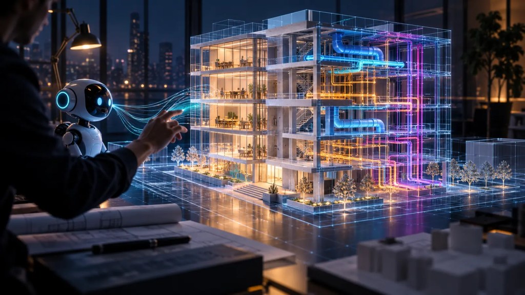 Ilustración editorial de un agente de IA transformando un proyecto arquitectónico en un modelo BIM con estructura e instalaciones visibles