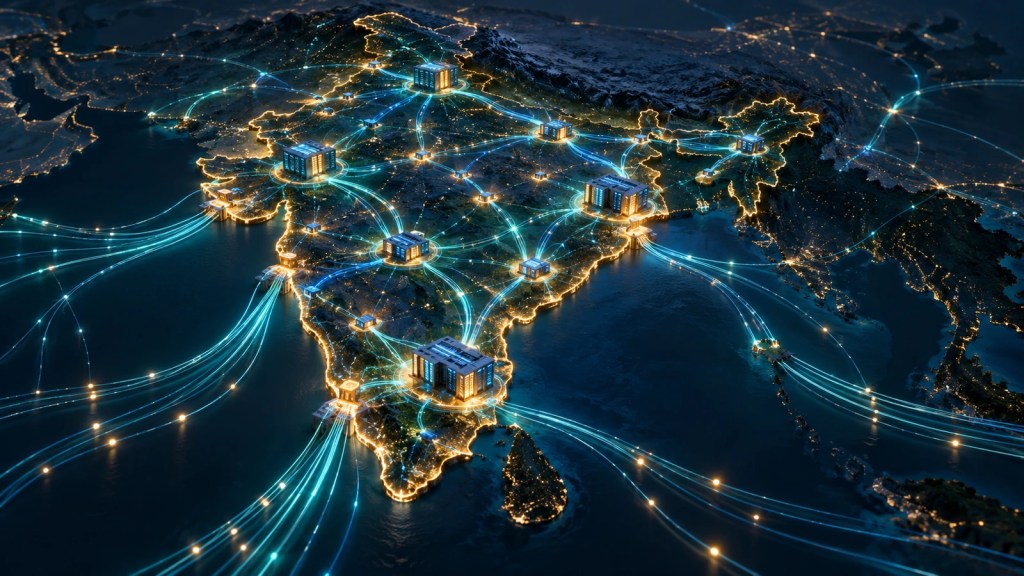 Ilustración conceptual de una red de fibra óptica que conecta centros de datos de inteligencia artificial en India