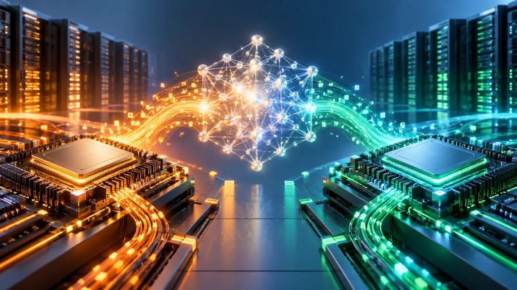 Ilustración conceptual de una red neuronal que conecta dos arquitecturas de chips para inteligencia artificial