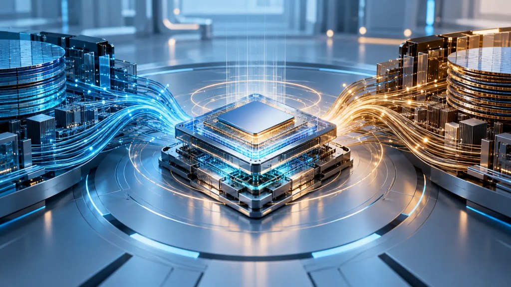 Ilustración conceptual de dos arquitecturas de chips que convergen en un procesador central de bajo consumo