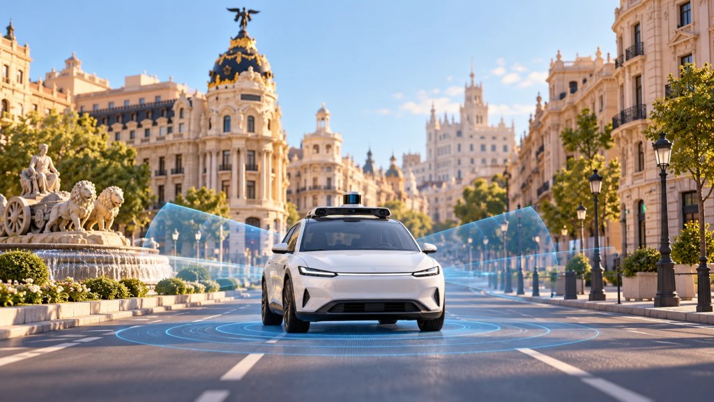 Ilustración conceptual de un coche con sensores en una avenida inspirada en Madrid; no representa una prueba real.