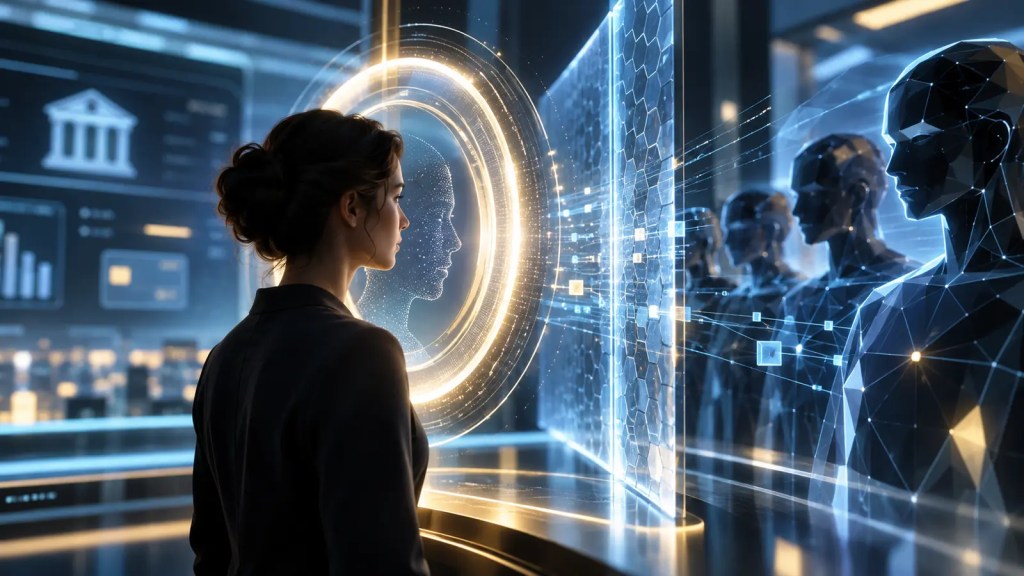 Ilustración conceptual de una persona verificada ante una barrera digital que separa varios agentes de inteligencia artificial