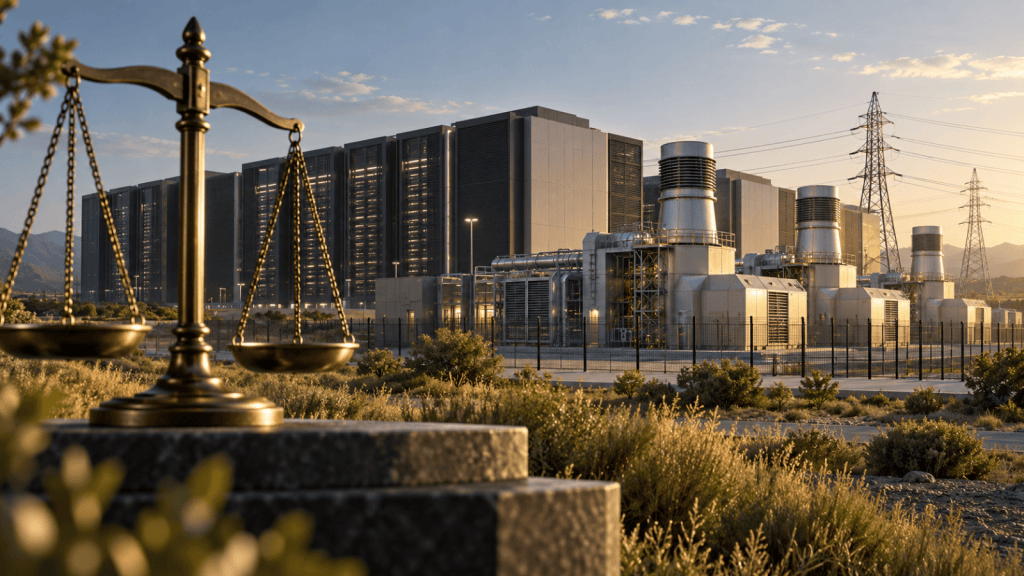 Ilustración conceptual de una balanza judicial ante un centro de datos y turbinas de gas.